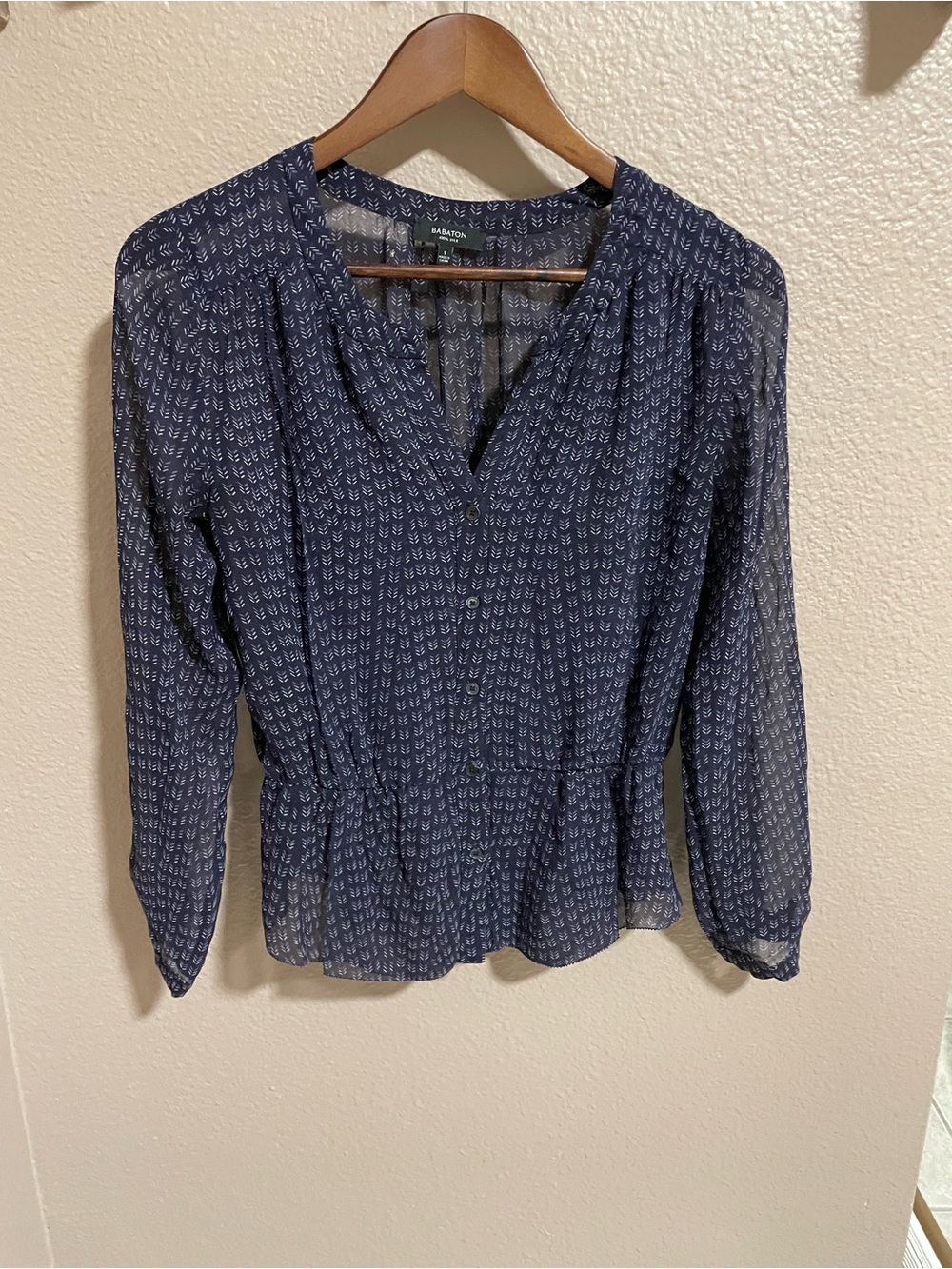 Aritzia Babaton Silk Navy Printed V-Neck Peplum Blouse Sheer